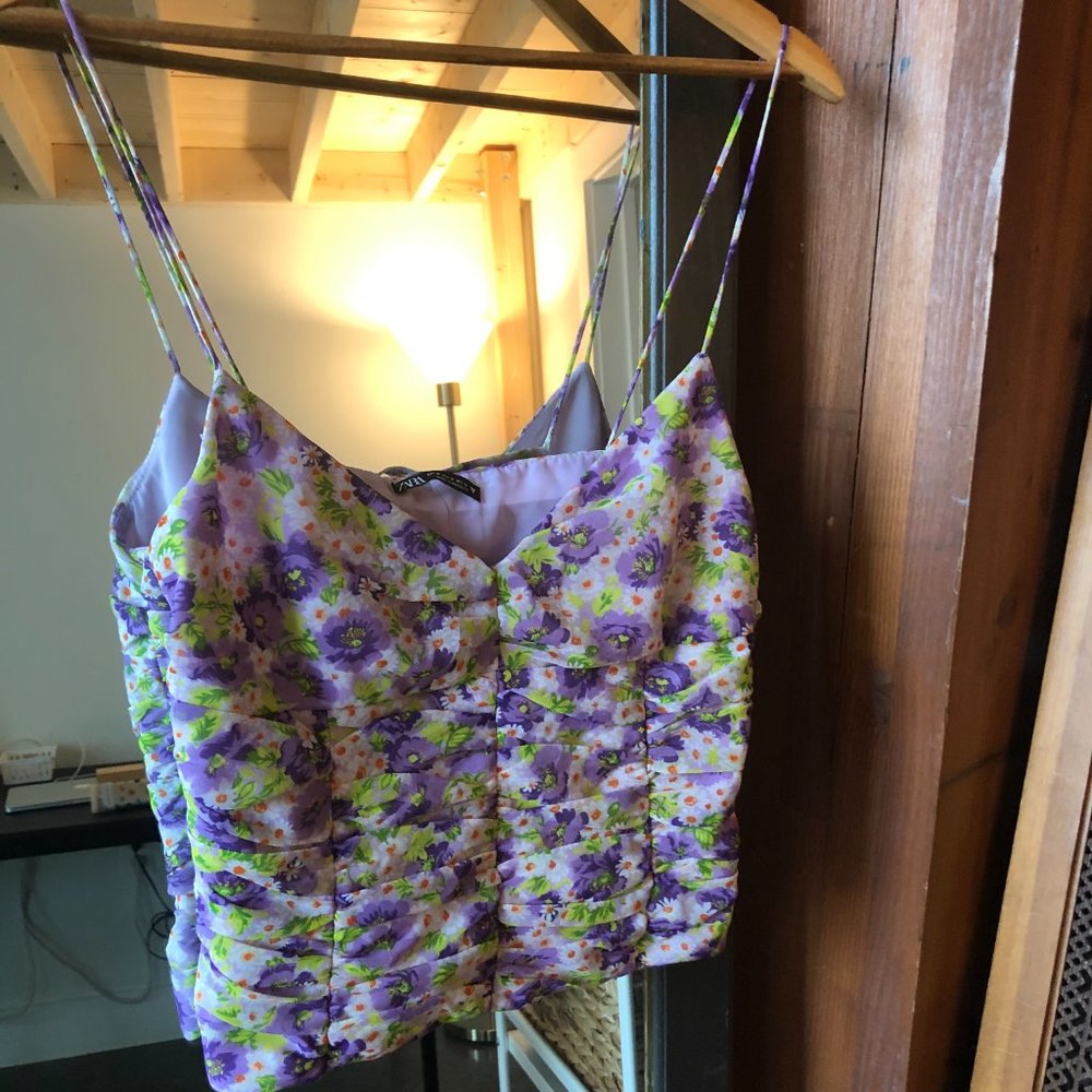 Zara Green and Purple Ruched Camisole Crop Top